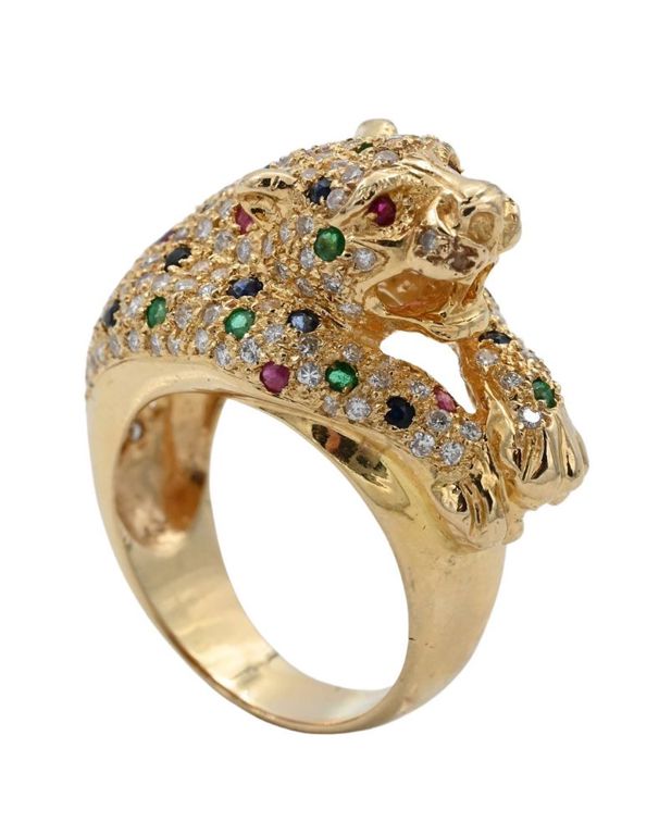 18k yellow gold diamond, emerald and sapphire ring