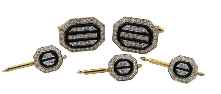 18k yellow gold diamond and black enamel cufflink and button set