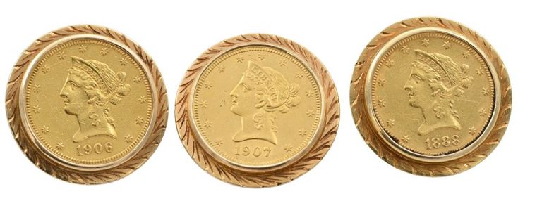 Three 18k yellow gold coin cufflinks
