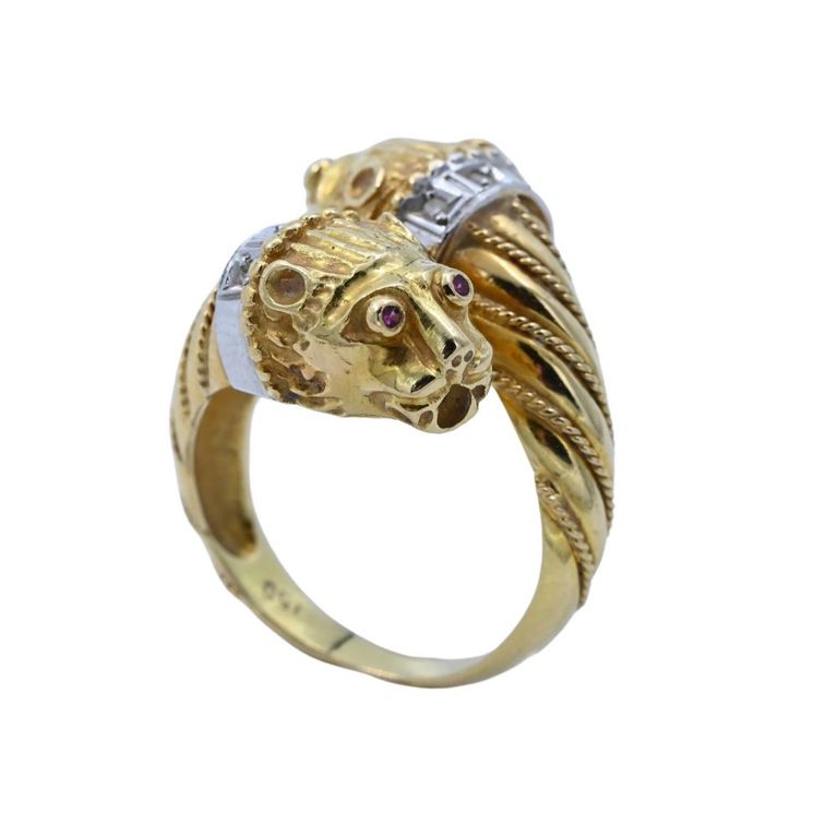 18k yellow gold diamond and red stone ring