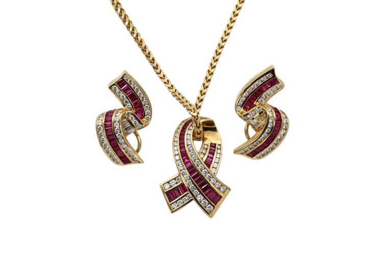 18k yellow gold ruby and diamond jewelry set