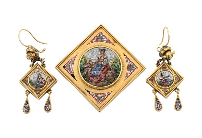 18k yellow gold micro-mosaic pendant/brooch and matching earrings