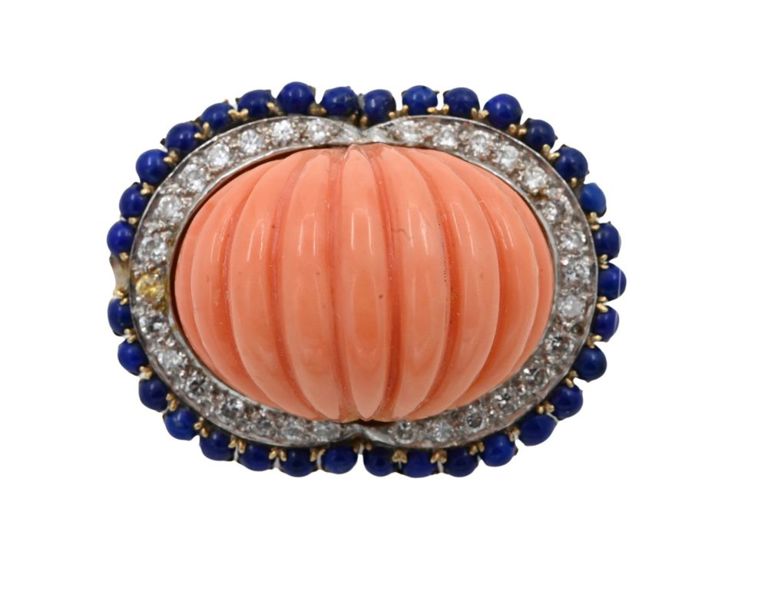 14k yellow gold coral, lapis lazuli and diamond ring