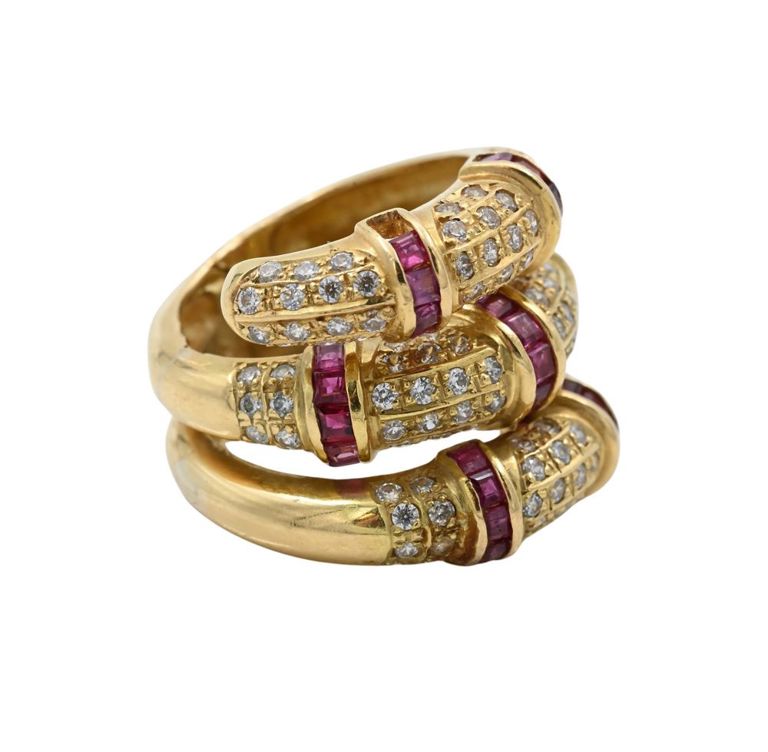 18k yellow gold ruby and diamond snake ring
