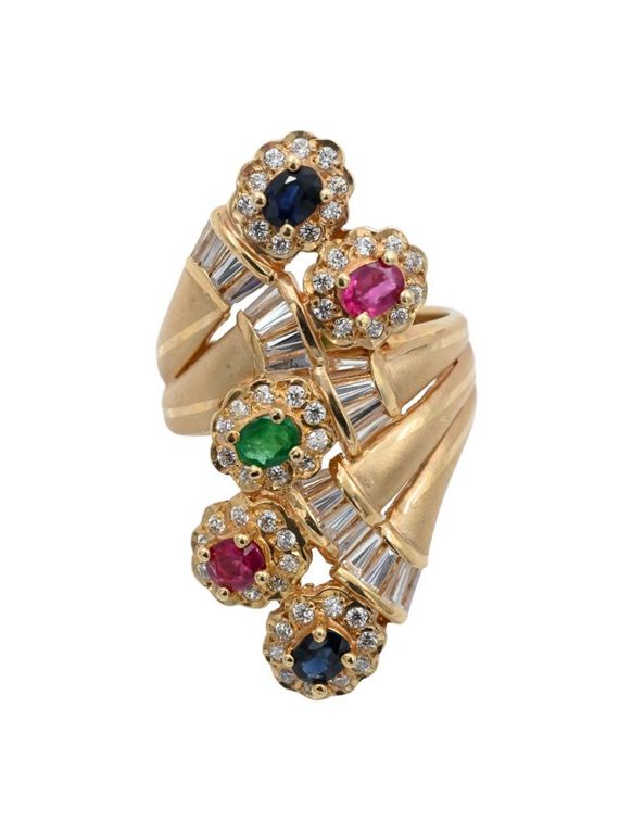 14k yellow gold ruby, sapphire, emerald and diamond ring