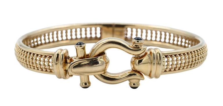 14k yellow gold blue stone bangle bracelet