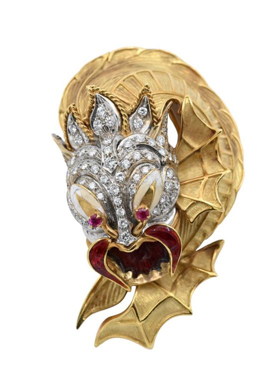 18k yellow gold enamel, ruby and diamond dragon brooch