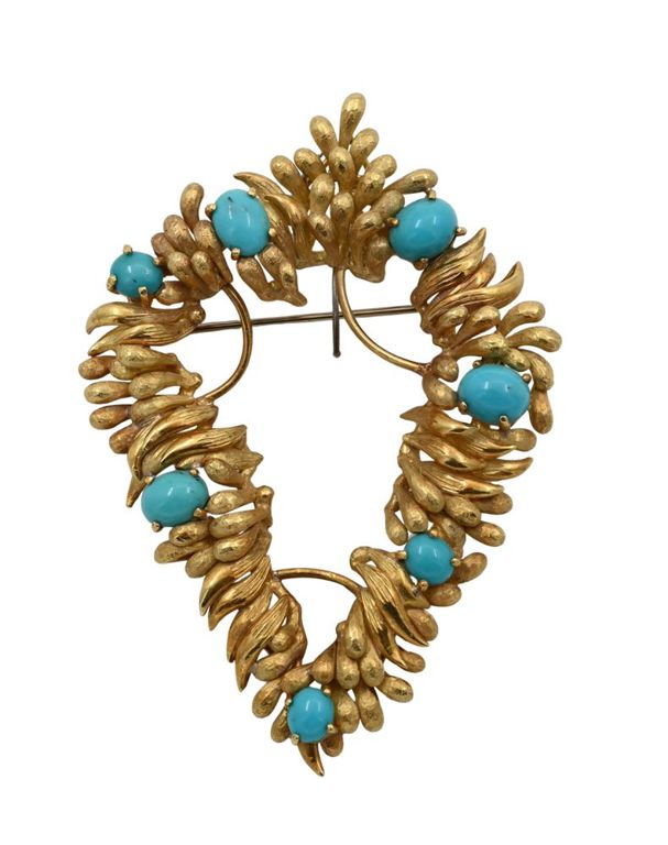 18k yellow gold turquoise brooch