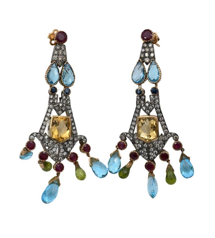 14k white and yellow gold gemstone chandelier earrings