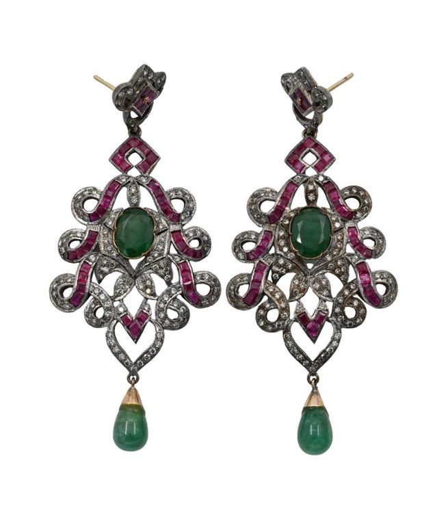 14k white gold emerald, ruby and diamond chandelier earrings