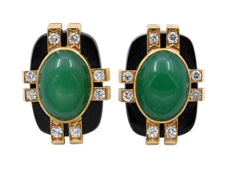 18k yellow gold onyx, chrysoprase and diamond earrings