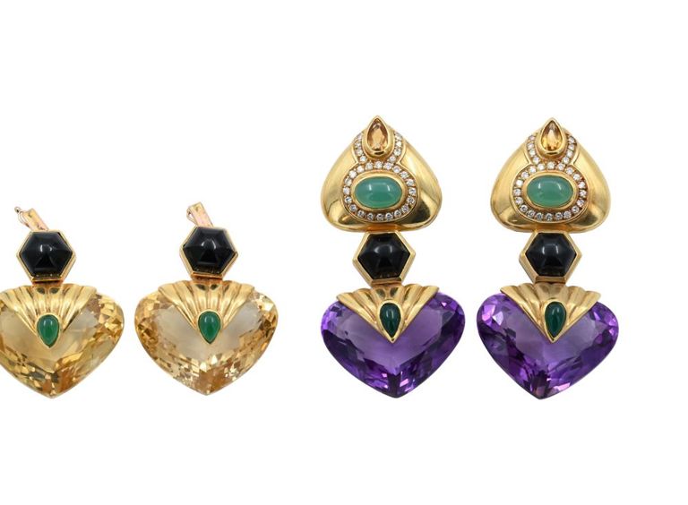 18k yellow gold chrysoprase, citrine, amethyst, onyx and diamond earrings