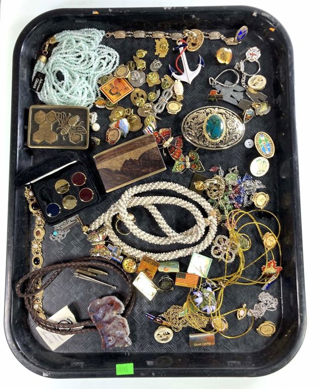 Assorted jewelry pins bolo tie and necklaces