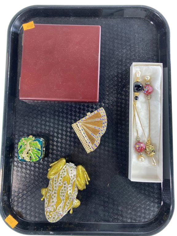 Assorted trinket boxes pendants and stick pins
