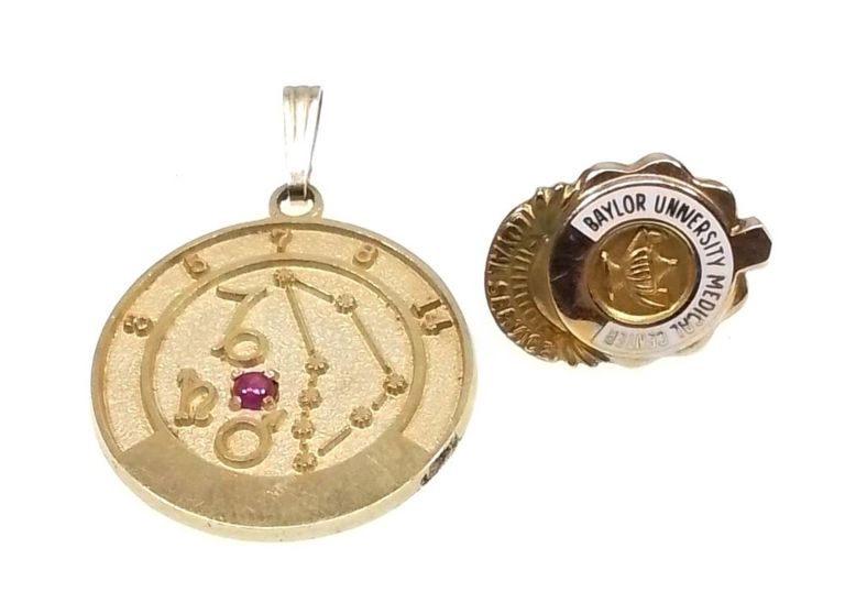 10k and 14k gold tie tack and pendant