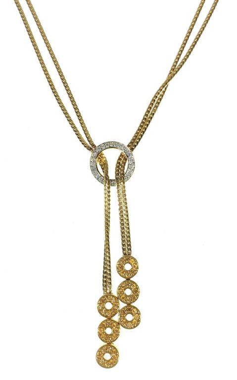 14k yellow gold, diamond and garnet necklace