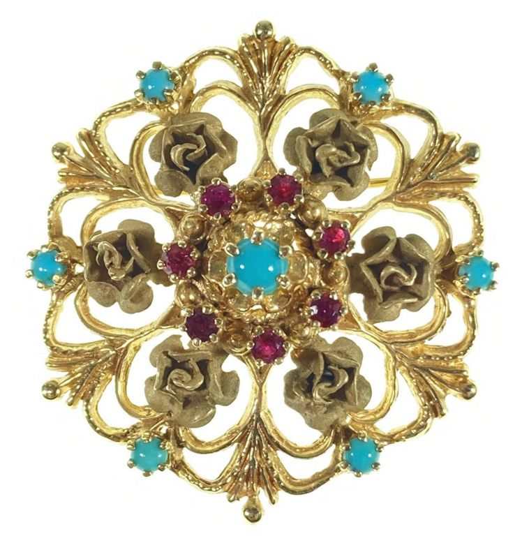 14k yellow gold, turquoise and ruby pin