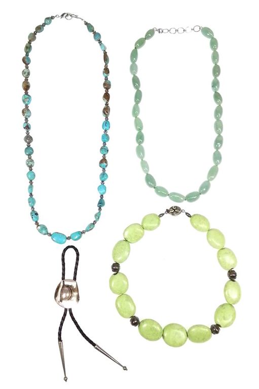 Assorted silver and minerals jewelry, bolo tie, jade