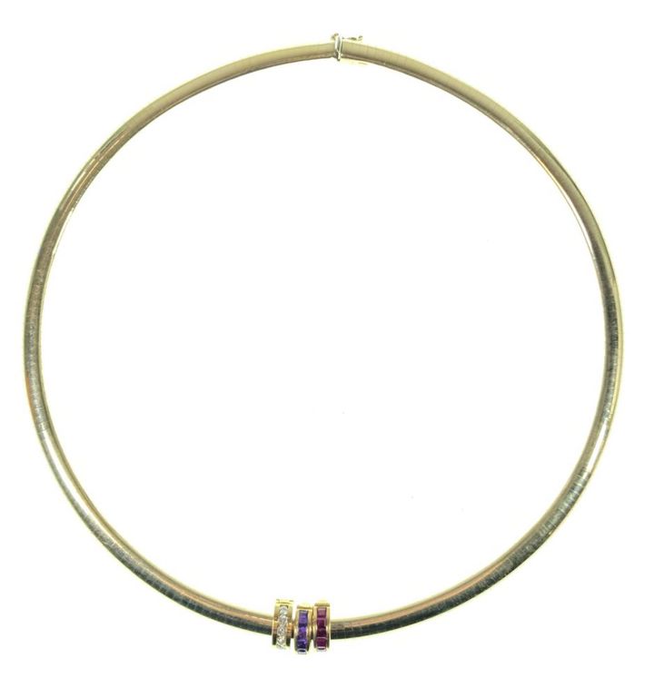 14k yellow gold diamond, ruby and amethyst necklace