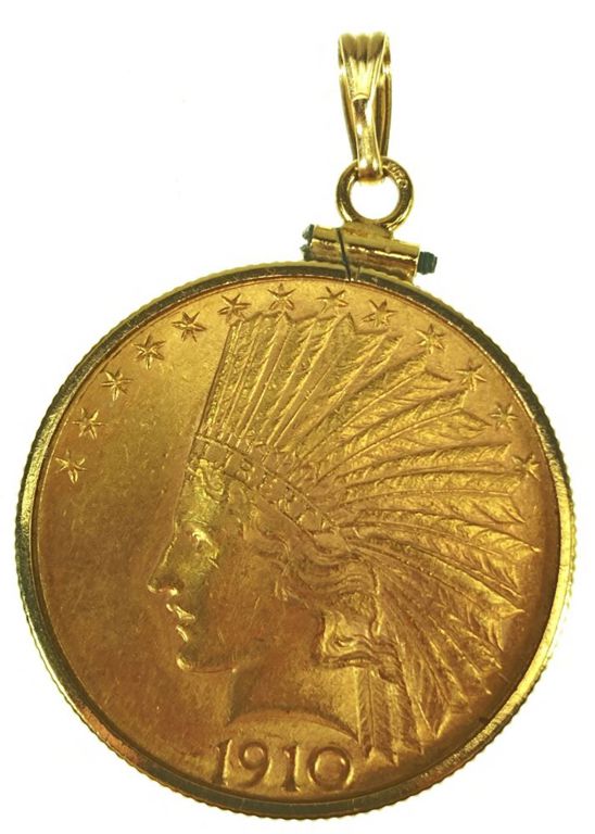 U.S. 1910 Indian gold $10 coin pendant
