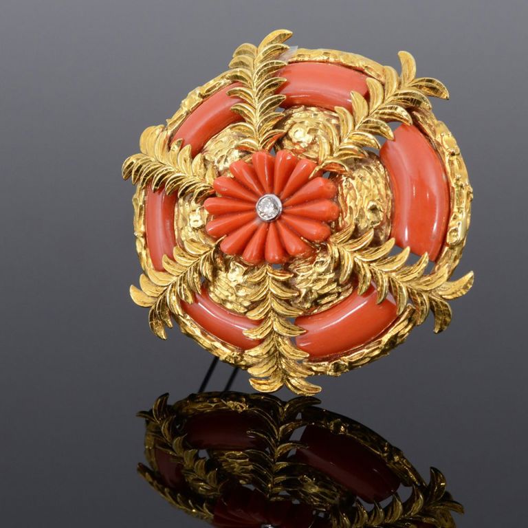 18k gold coral diamond estate brooch