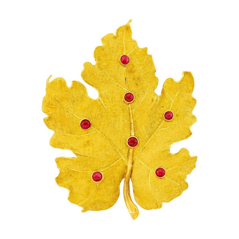 18k gold ruby leaf brooch