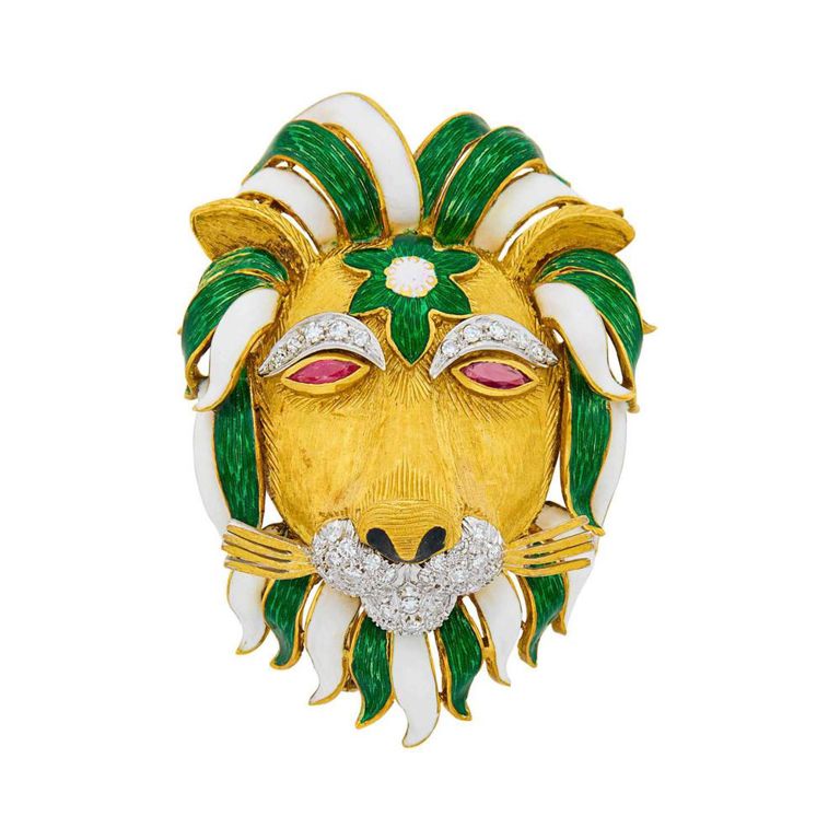 18k two-tone gold enamel ruby diamond brooch