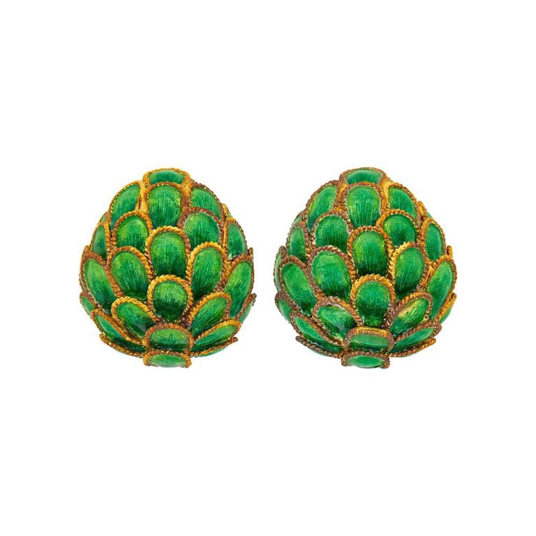 18k gold green enamel earrings