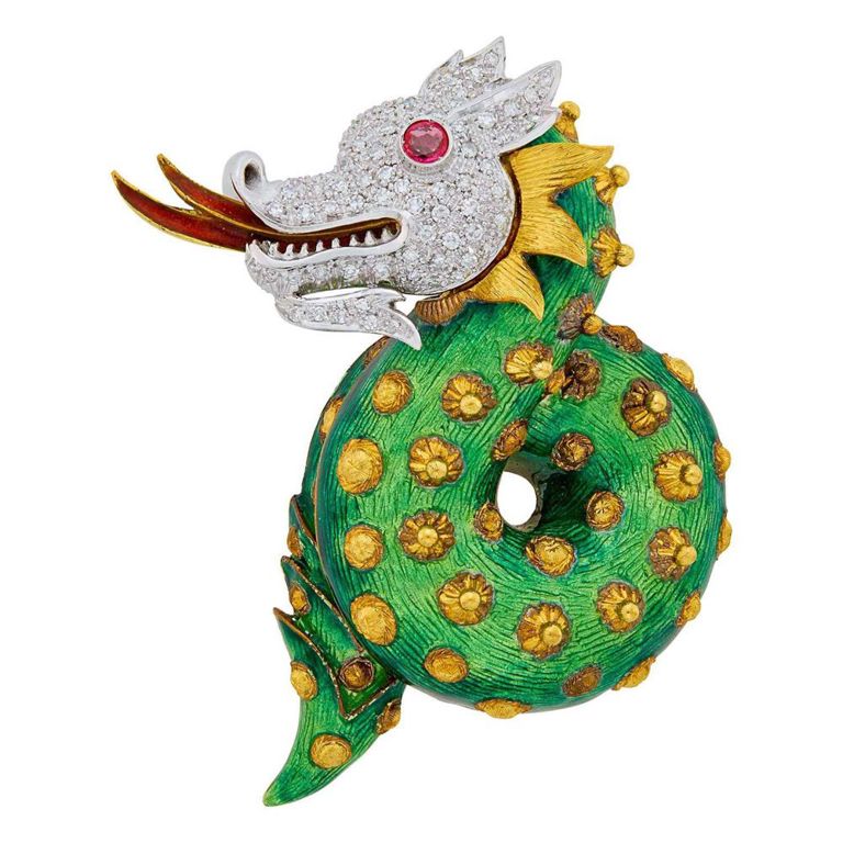 18k two-tone gold enamel ruby diamond dragon brooch