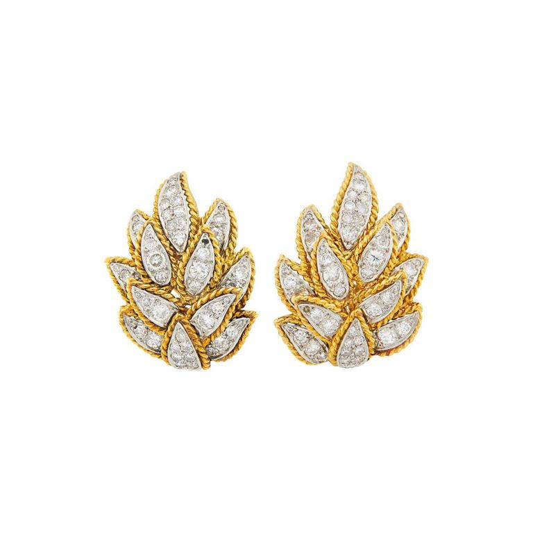 18k two-tone gold diamond leaf earrings