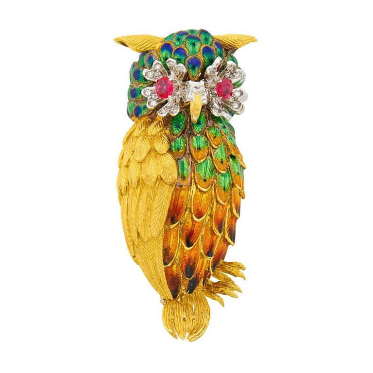 18k two-tone gold enamel ruby diamond owl brooch