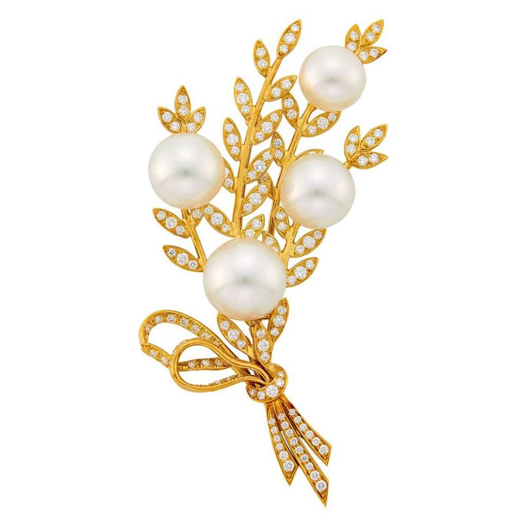 18k gold pearl diamond brooch