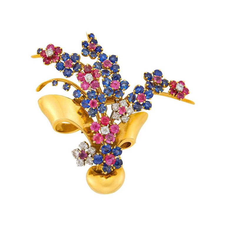 18k gold platinum ruby sapphire diamond brooch