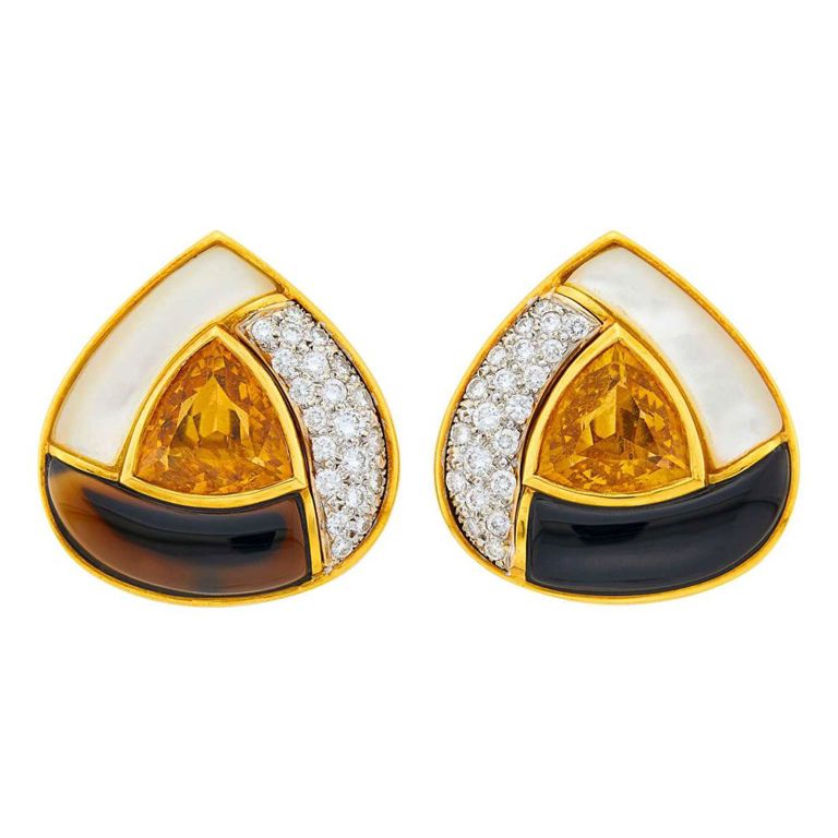 18k gold citrine diamond earclips