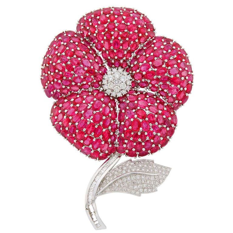 18k white gold ruby diamond flower brooch