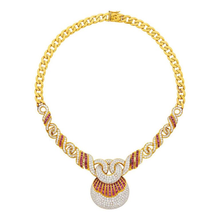 18k two-color gold ruby diamond necklace
