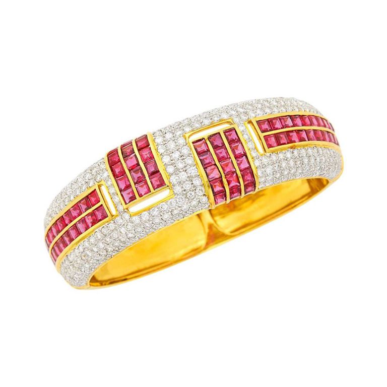 18k two-color gold ruby diamond bangle