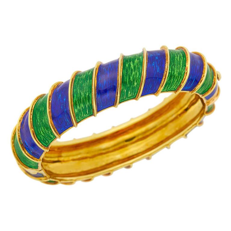 18k gold blue green enamel bangle