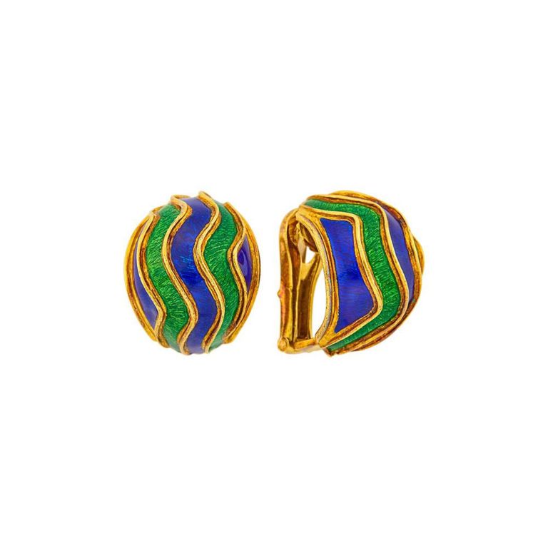 18k gold blue green enamel earclips