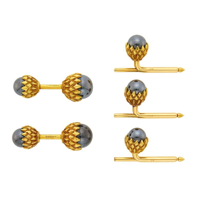 18k gold hematite acorn cufflinks and studs