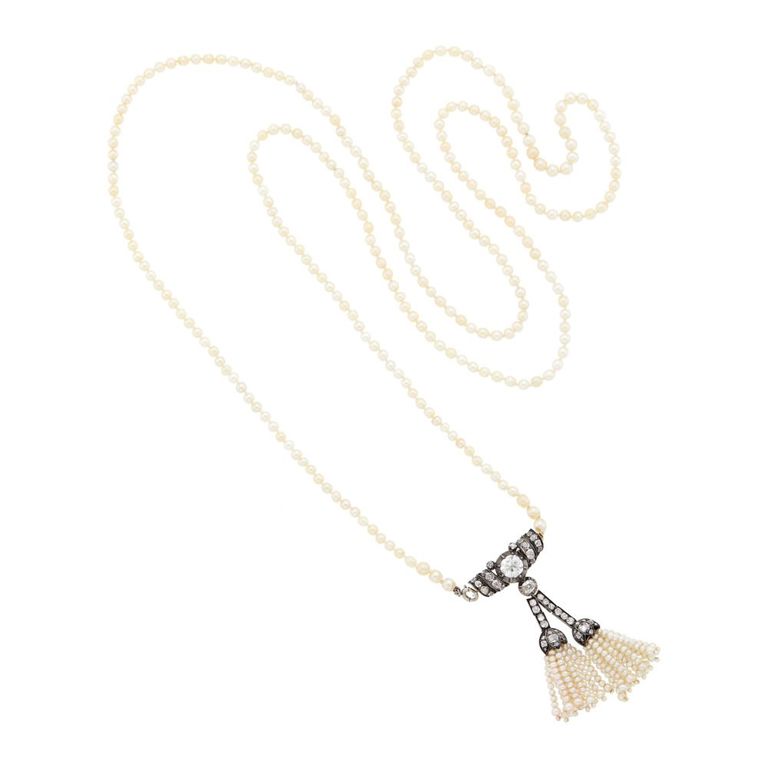 Natural pearl diamond tassel necklace