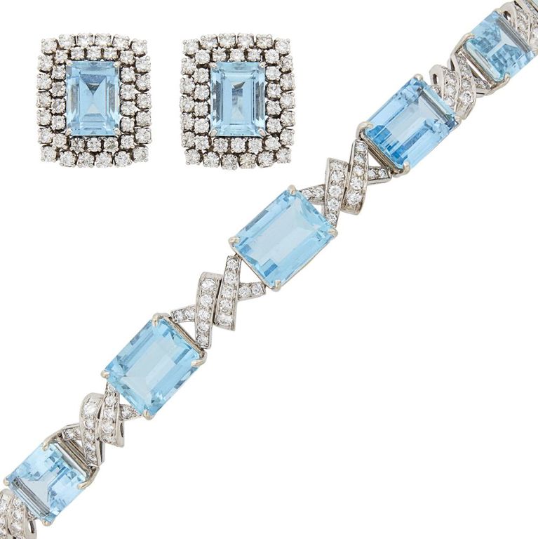 14k white gold aquamarine diamond bracelet and earclips