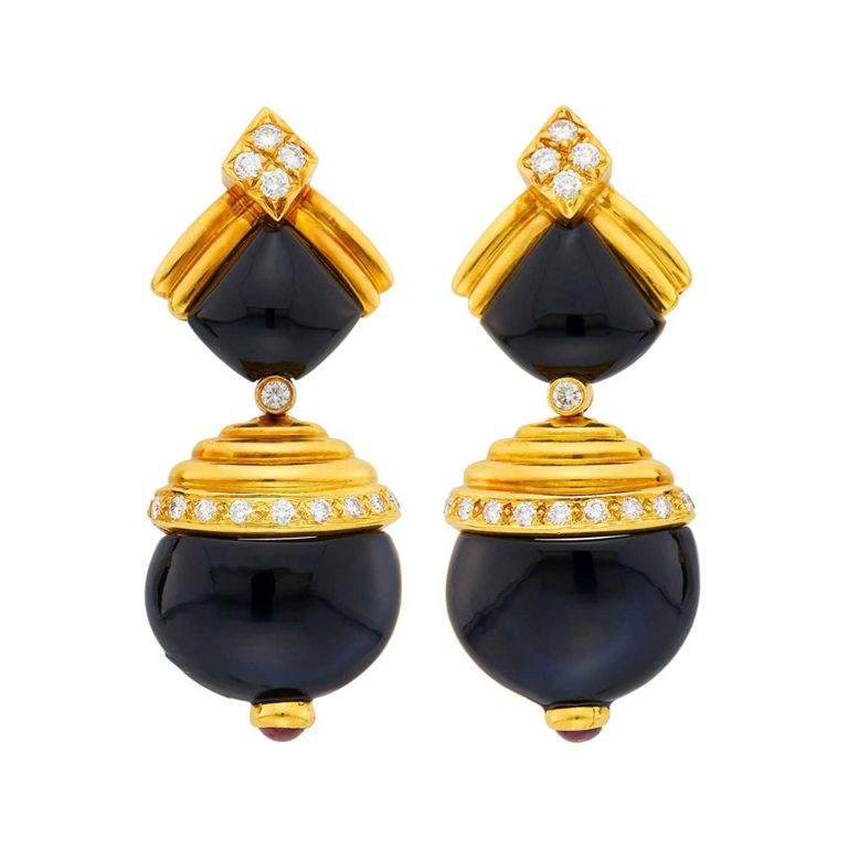 18k gold onyx ruby earrings