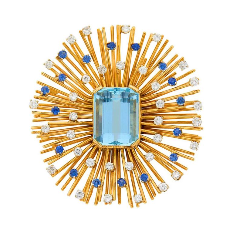 14k gold aquamarine sapphire diamond brooch-pendant
