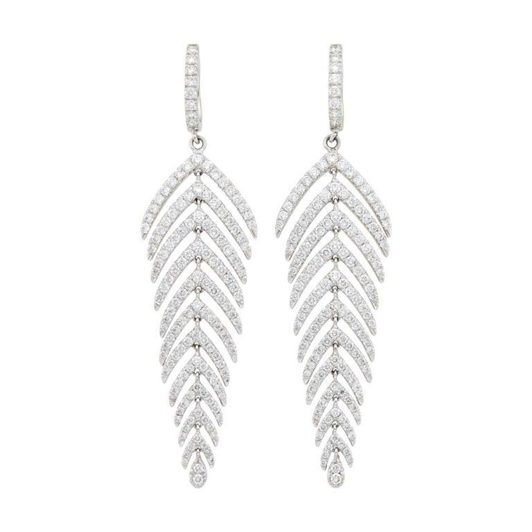 18k white gold diamond feather earrings