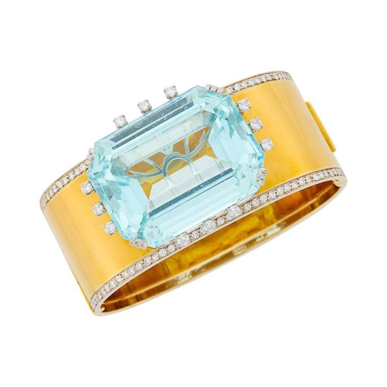 18k two-tone gold aquamarine diamond bangle