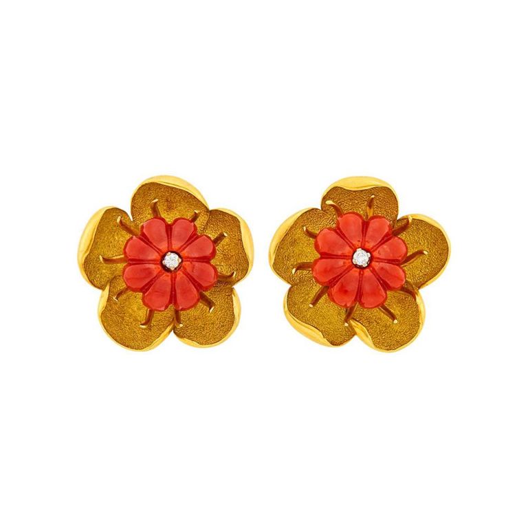 18k gold coral diamond flower earrings