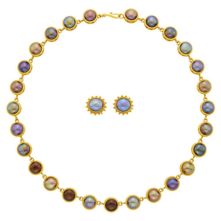 22k gold black pearl necklace earrings set