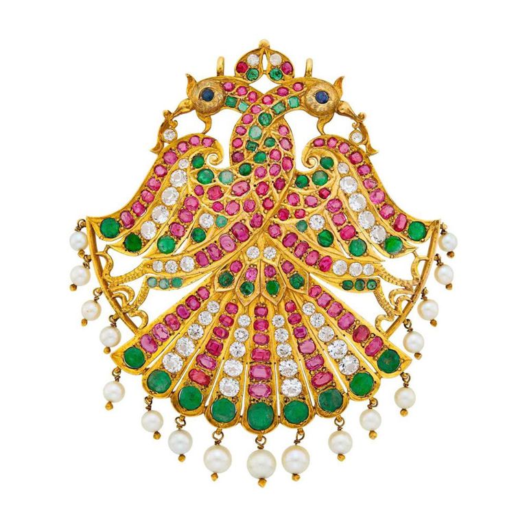 14k gold ruby emerald pearl pendant