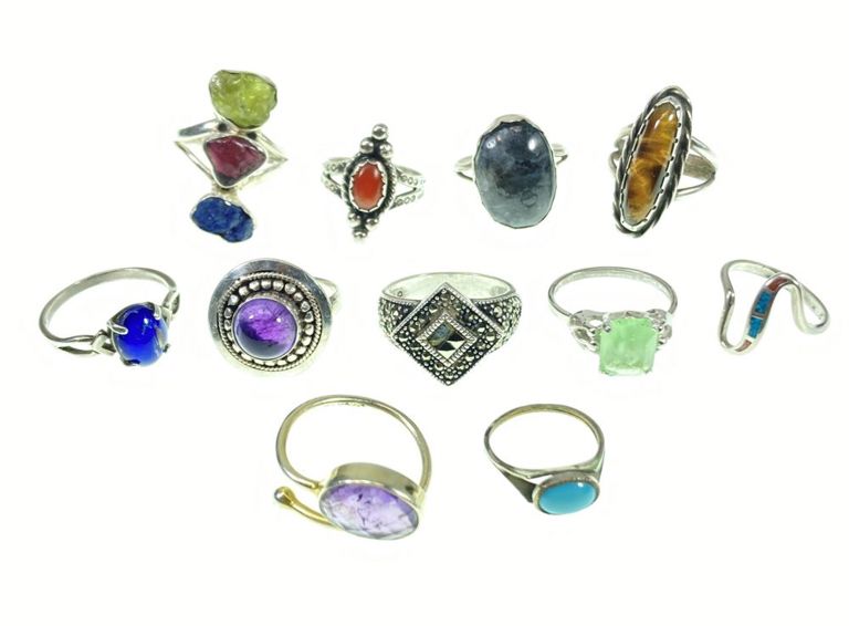 Silver coral turquoise tiger eye rings